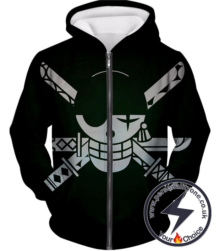 One Piece Super Cool Swordsman Roronoa Zoro Logo Black Zip Up Hoodie